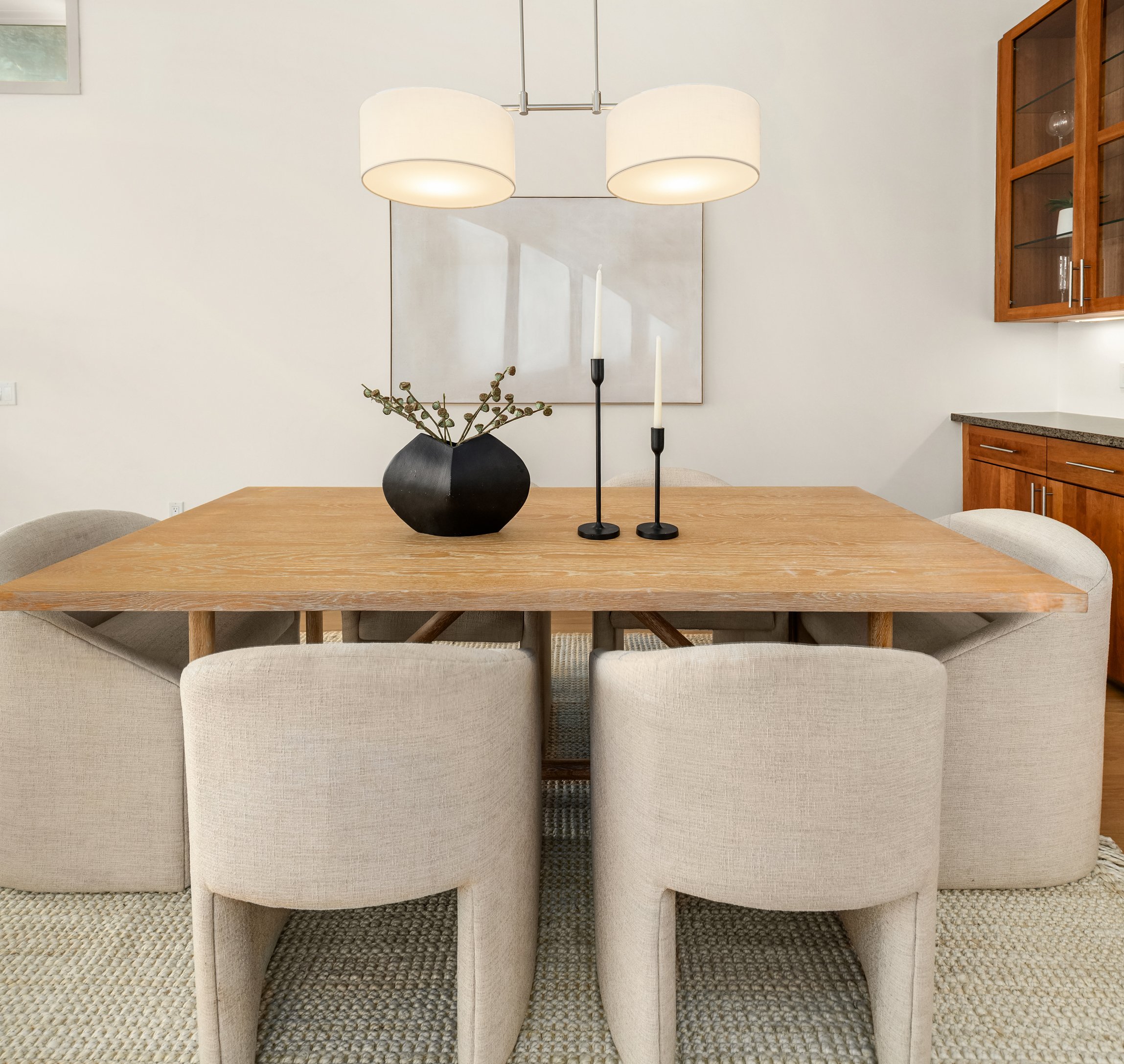 Dining area with pendant lighting